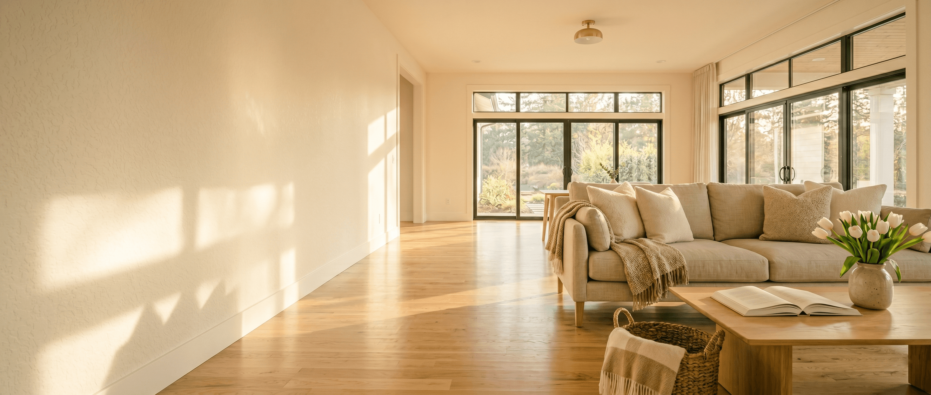 A bright, immaculately clean living room with warm cream tones and natural light